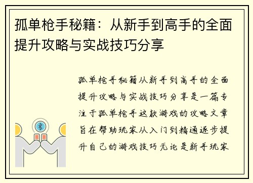 孤单枪手秘籍：从新手到高手的全面提升攻略与实战技巧分享